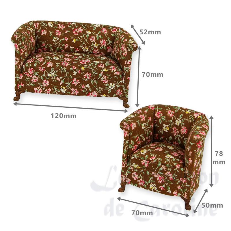 Canapé et fauteuil tissus marron fleuri merisier Set 2 pcs Bilder 1