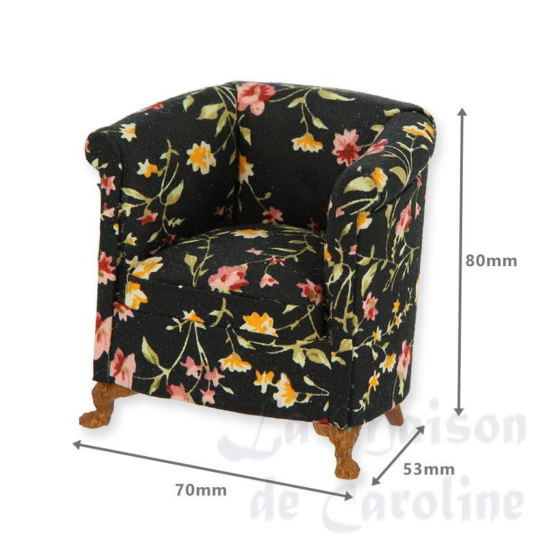 Fauteuil crapaud merisier tissus noir fleuri Bilder 1