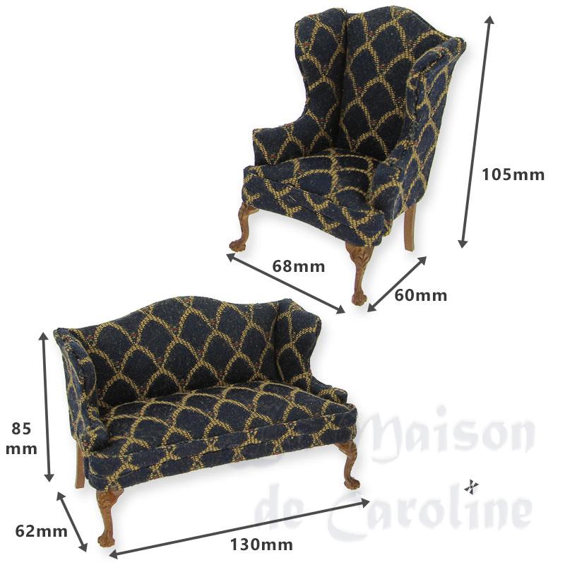 Set de 2 pcs fauteuil et sofa tissus bleu foncé merisier Bilder 1