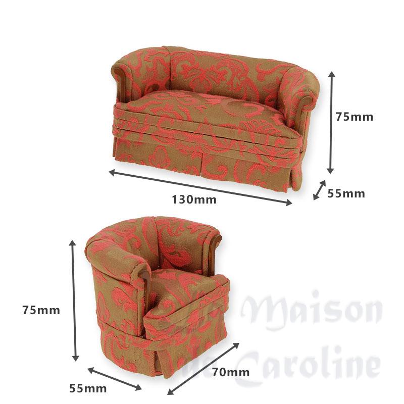 Canapé et fauteuil tissus marron rose Set 2 pcs 1/12 Canapé et fauteuil tissus marron rose Set 2 pcs 1/12