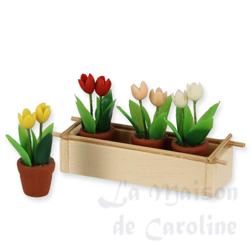 Jardinière avec 4 pots de tulipes, Miniatures