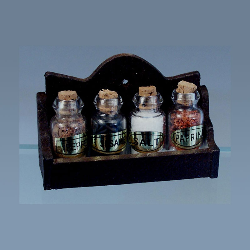 Etagère bois avec pots à epices (verre), Miniatures
