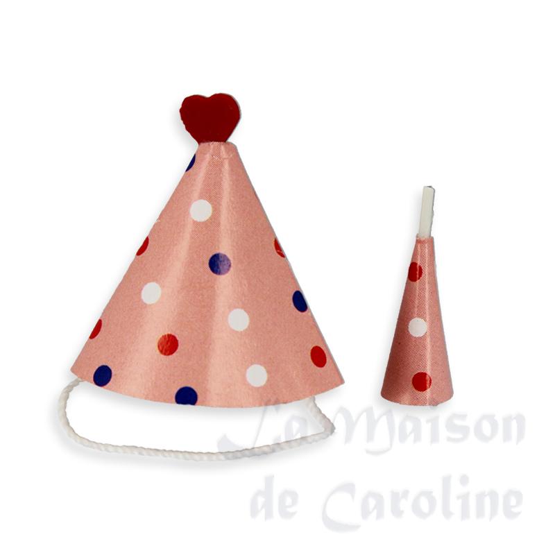 Chapeau et corne de carnaval rose miniature 1/12 Chapeau et corne de carnaval rose miniature 1/12