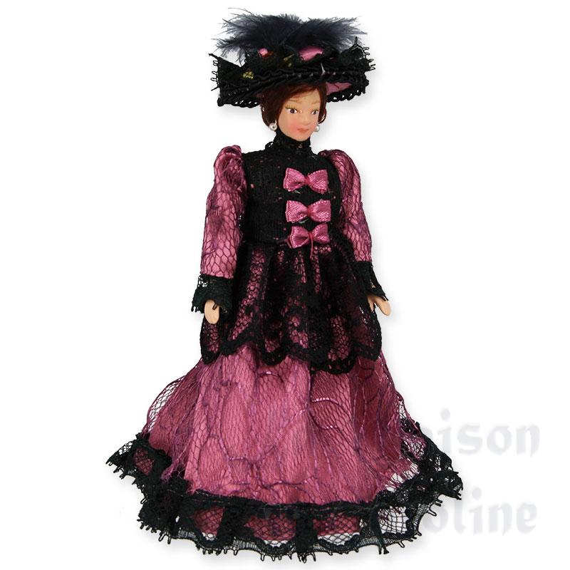 Poupée porcelaine femme robe rose-noire pour maisons de poupées 1/12
