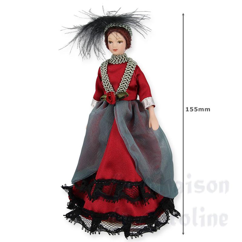 Poupée porcelaine femme rouge pour maisons de poupées 1/12