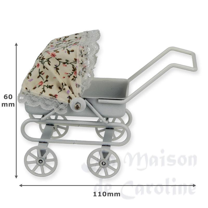 Landau ancien métal blanc pour maisons de poupées 1/12