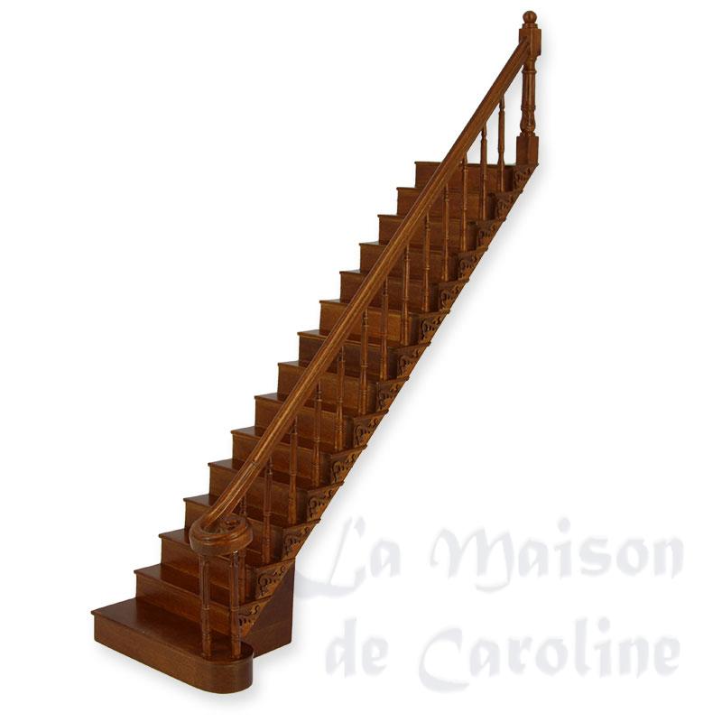 Escalier droit merisier, rampe à droite, Elément de construction pour maison de poupées