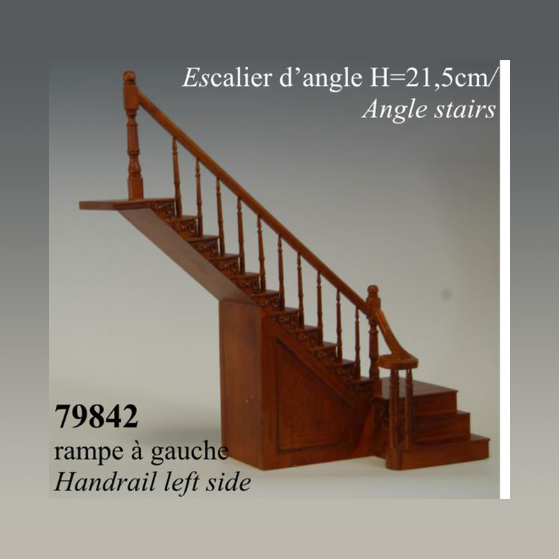 Escalier d'angle merisier,rampe à gauche, Elément de construction pour maison de poupées