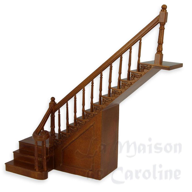 Escalier d'angle merisier,rampe à droite, Elément de construction pour maison de poupées