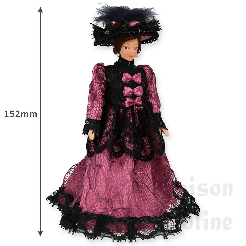 Poupée porcelaine femme robe rose-noire pour maisons de poupées 1/12 photo 2