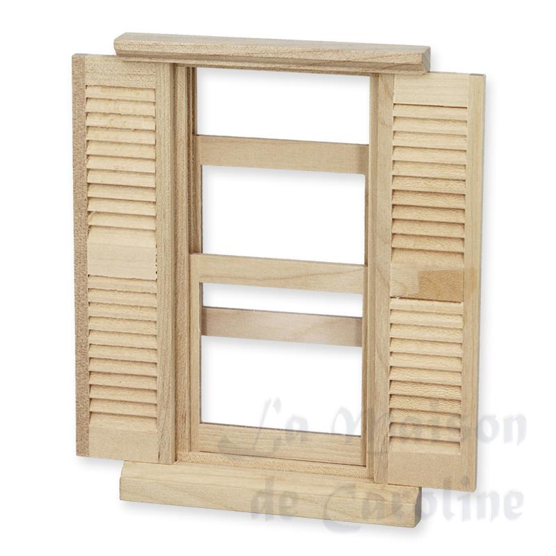 Fenêtre avec volets non vernie pour maisons de poupées 1/12