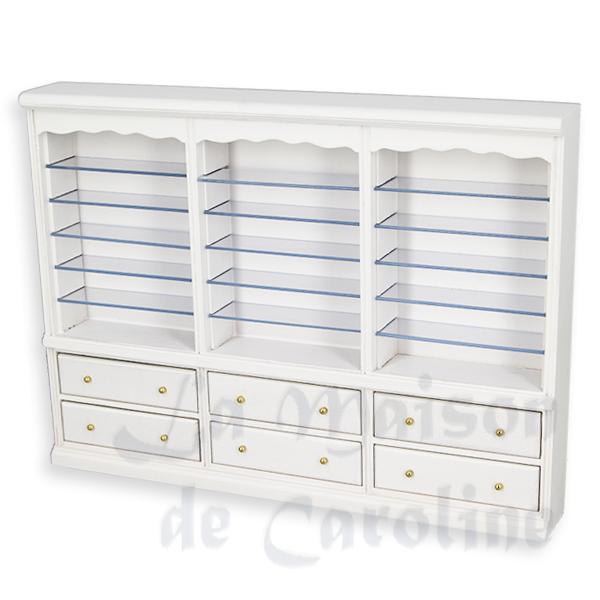 Bibliotheque tiroirs triple blanche meuble miniature 1/12 Bibliotheque tiroirs triple blanche meuble miniature 1/12