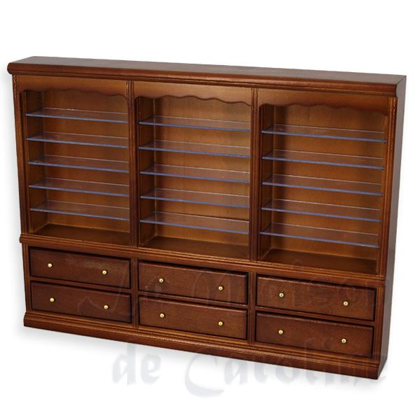 Bibliotheque tiroirs triple noyer meuble miniature 1/12