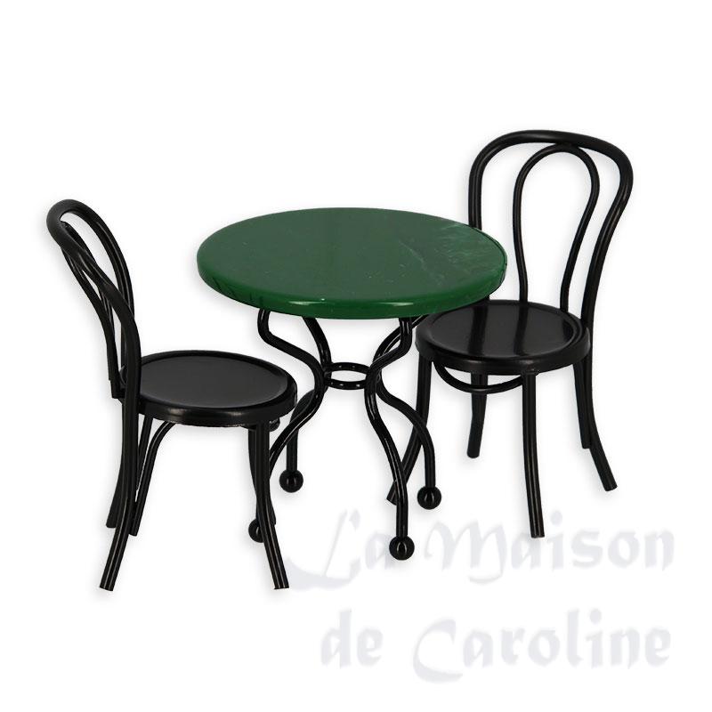 Table bistrot marbre vert avec 2 chaises noires, Meubles