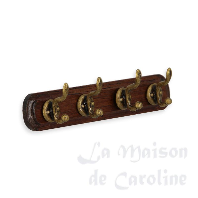 Porte manteau en bois et crochets laiton meuble miniature 1/12