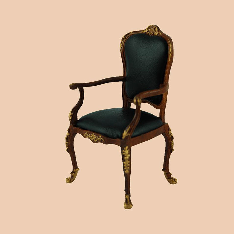 Chaise a accoudoirs noyer-or, cuir, Meubles de collection Trianon