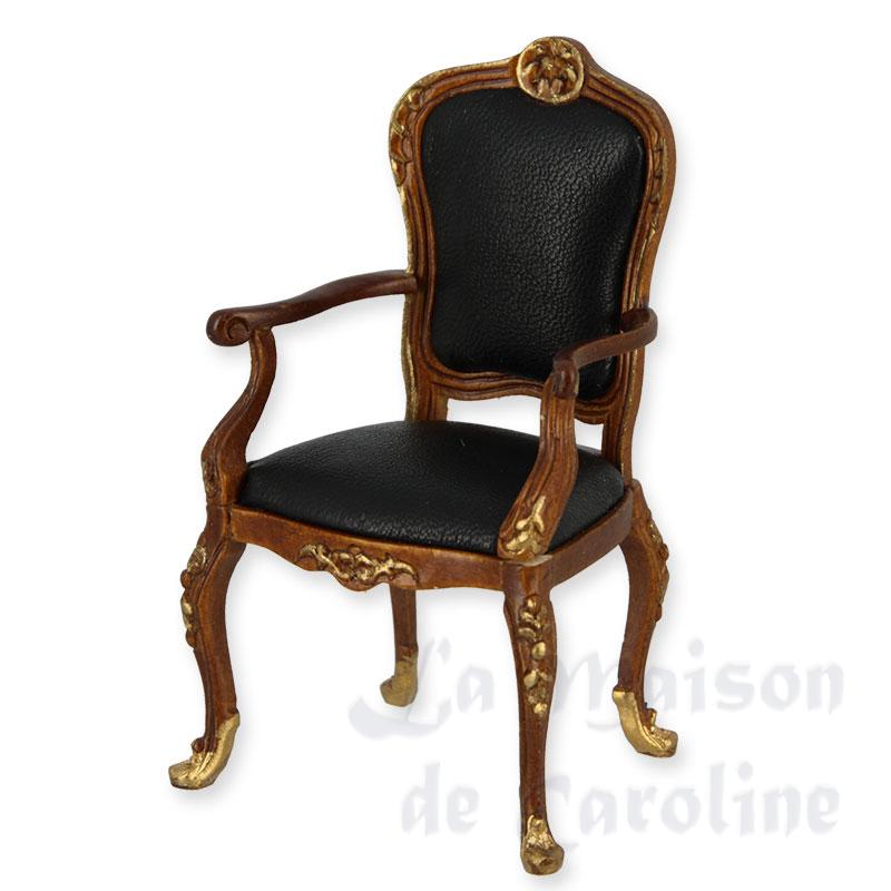 Chaise a accoudoirs noyer-or, cuir meuble de collection Trianon 1/12