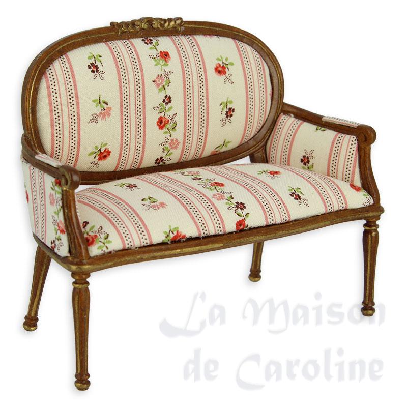 Sofa L XVI noyer, fleuri rose, Meubles de collection Trianon