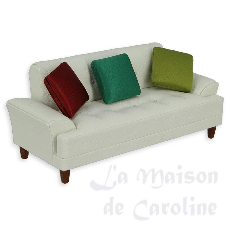 Canapé moderne cuir blanc + 3 coussins, Meubles de collection Trianon