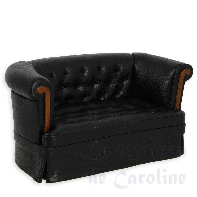 Sofa Chesterfield noyer-cuir noir, Meubles de collection Trianon