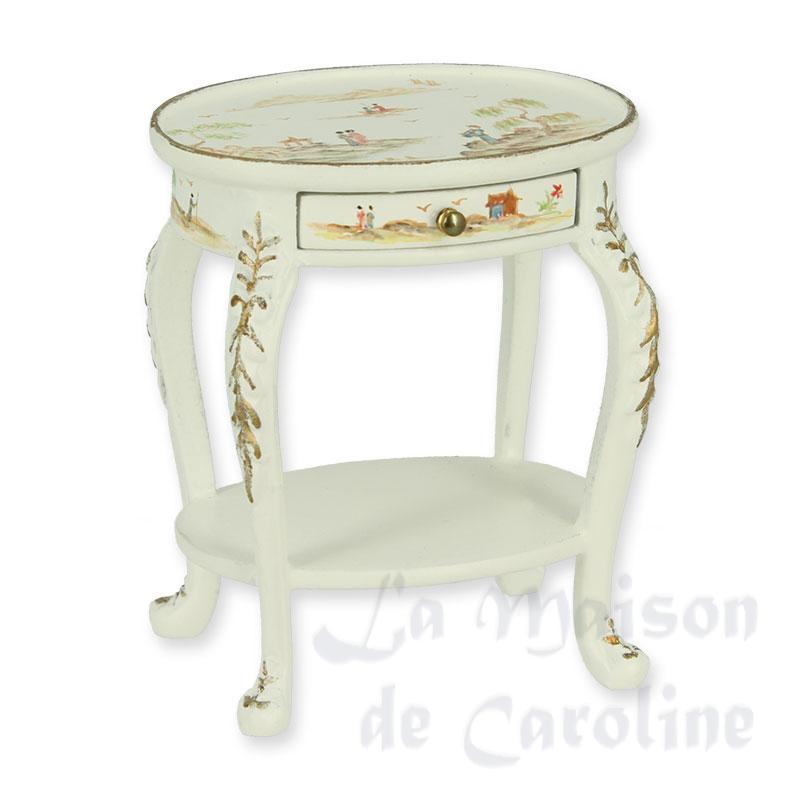 Table d'appoint ovale ivoire décor chinois meuble de collection Trianon 1/12 Table d'appoint ovale ivoire décor chinois meuble de collection Trianon 1/12
