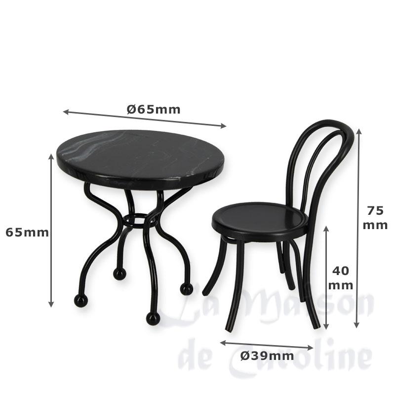 Table bistrot marbre noir avec 2 chaises noires meuble miniature 1/12