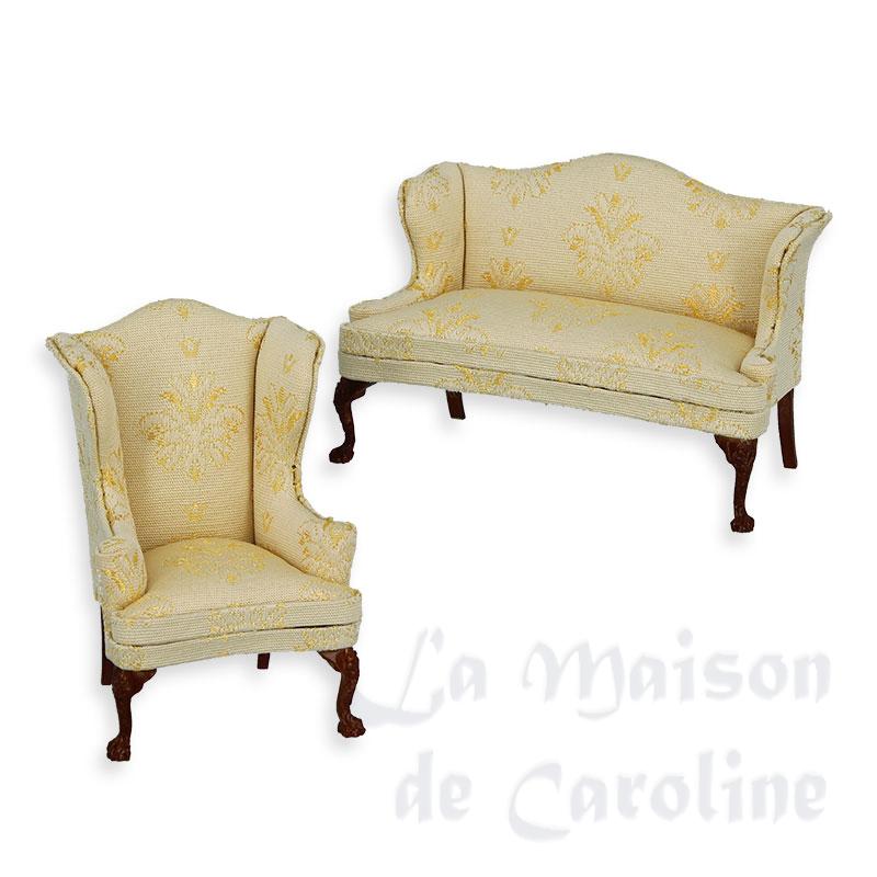 Set de 2 pcs fauteuil et canapé beige écru motifs doré merisier, Meubles de collection Trianon