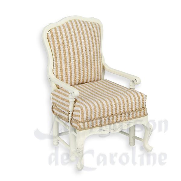Fauteuil Louis XV blanc-raye beige meuble de collection Trianon 1/12 Fauteuil Louis XV blanc-raye beige meuble de collection Trianon 1/12