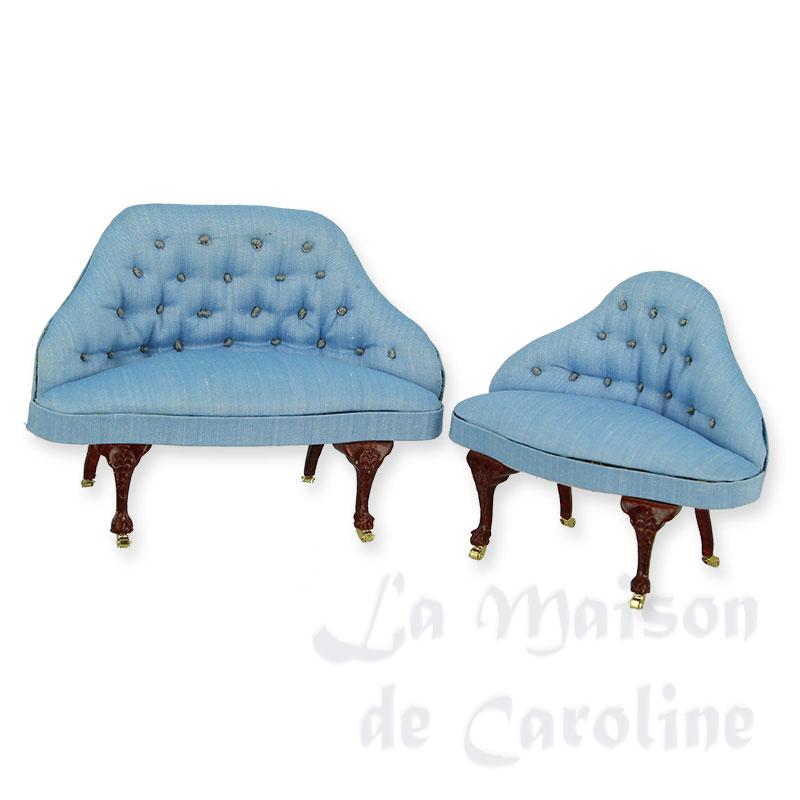Canapé et fauteuil bleu matelassé merisier Set 2 pcs, Sélection spéciale