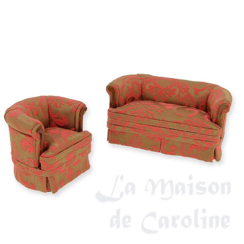 Canapé et fauteuil tissus marron rose Set 2 pcs, Fin de série