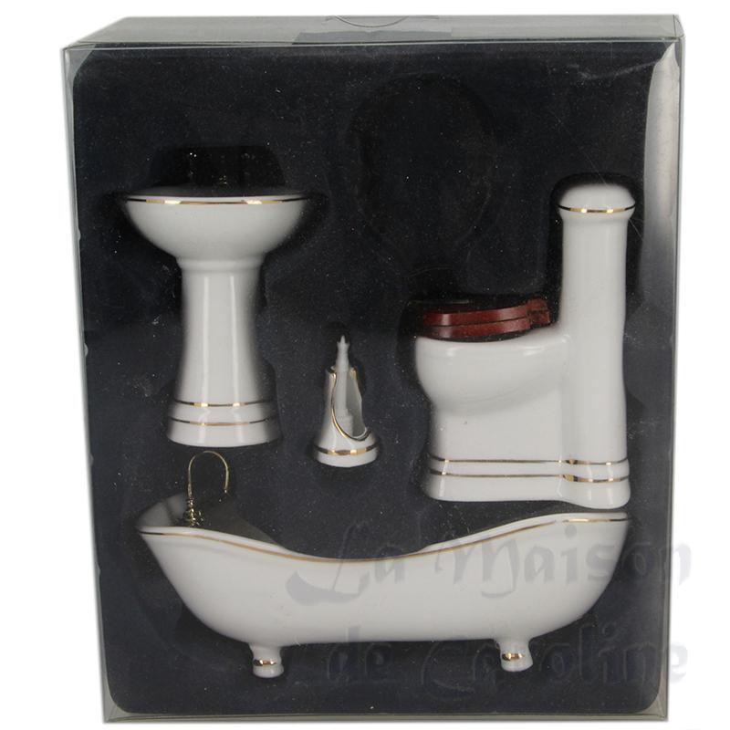 Salle de bain blanche filets or 4 pièces meuble miniature 1/12 Salle de bain blanche filets or 4 pièces meuble miniature 1/12
