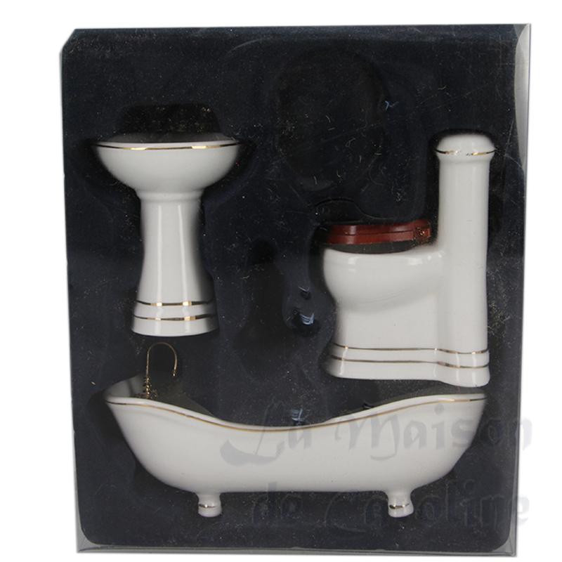 Salle de bain blanche filets or 3 pièces meuble miniature 1/12 Salle de bain blanche filets or 3 pièces meuble miniature 1/12