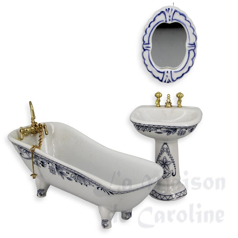 Salle de bain Bleue 3 pcs meuble miniature 1/12 Salle de bain Bleue 3 pcs meuble miniature 1/12