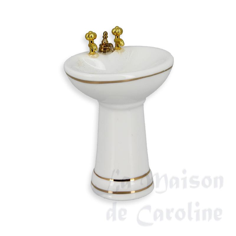 Lavabo ivoire filet doré en porcelaine meuble miniature 1/12