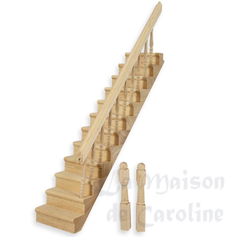 Escalier rampe à droite, non verni - 2 poteaux décollés - pour maisons de poupées 1/12 Escalier rampe à droite, non verni - 2 poteaux décollés - pour maisons de poupées 1/12