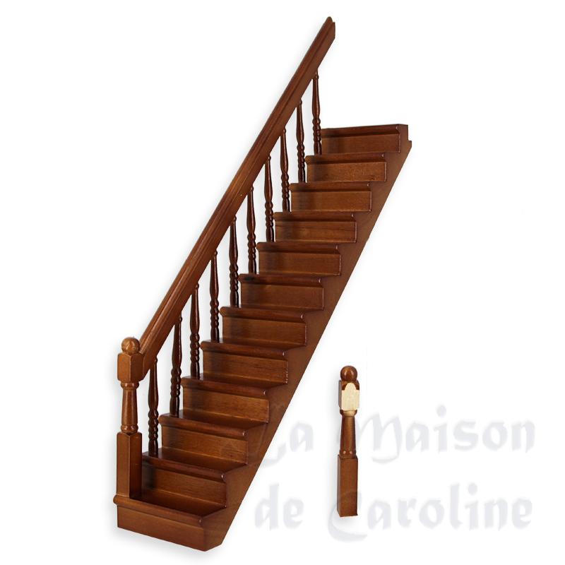 Escalier rampe à gauche, noyer - 1 poteau décollé - pour maisons de poupées 1/12