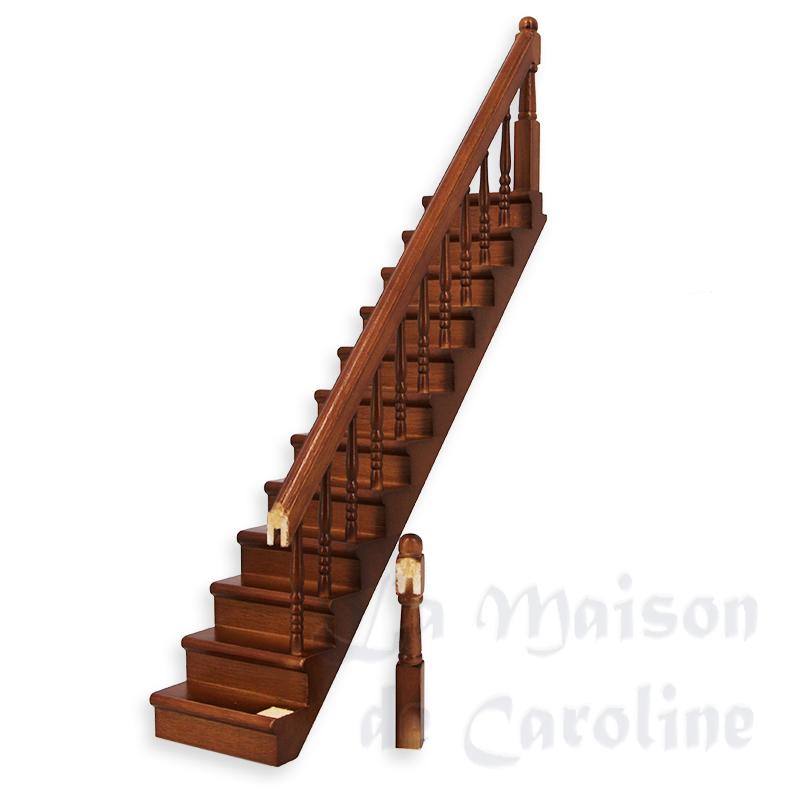 Escalier rampe à droite noyer - 1 poteau décollé - pour maisons de poupées 1/12 Escalier rampe à droite noyer - 1 poteau décollé - pour maisons de poupées 1/12