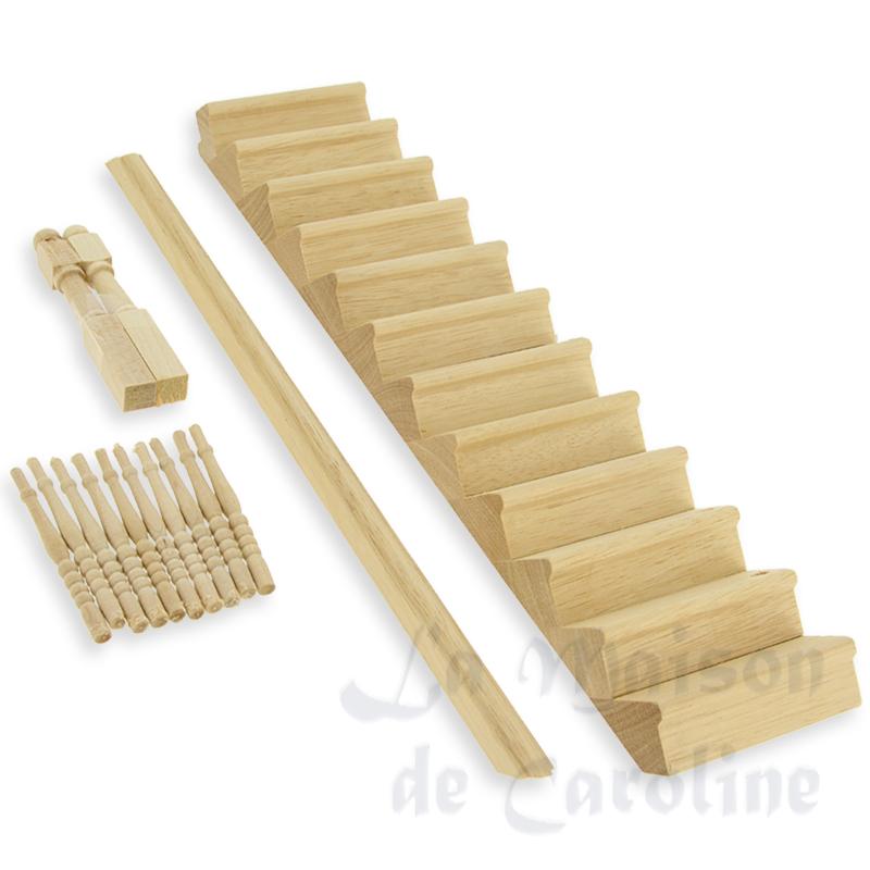 Escalier rampe à droite - à recoller -, non verni pour maisons de poupées 1/12