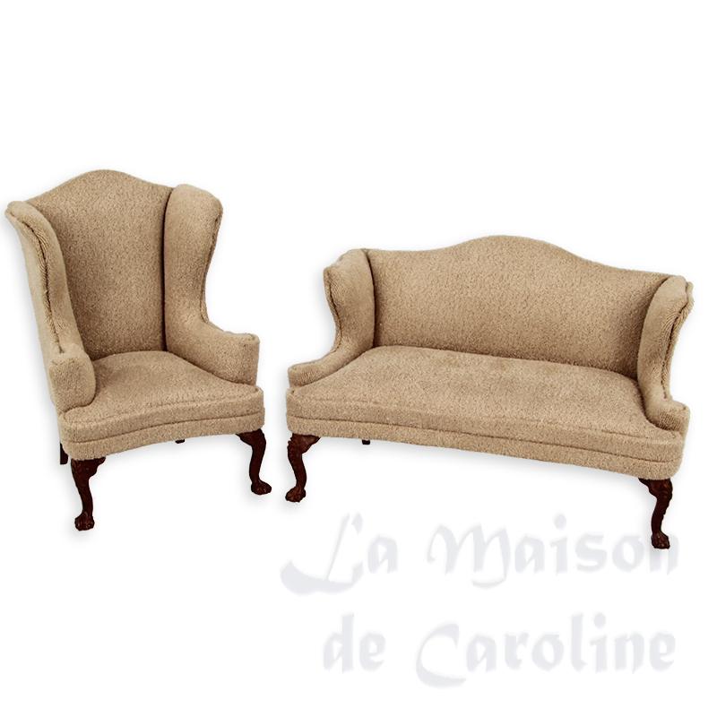 Set de 2 pcs fauteuil et canapé velour beige merisier 1/12 Set de 2 pcs fauteuil et canapé velour beige merisier 1/12