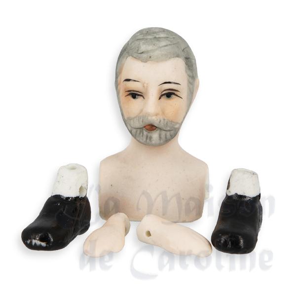 Tete et membres porcelaine, grandpere pour maisons de poupées 1/12