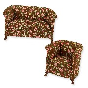 Canapé et fauteuil tissus marron fleuri merisier Set 2 pcs
