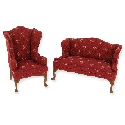 Set de 2 pcs fauteuil et sofa tissus rouge foncé merisier