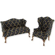 Set de 2 pcs fauteuil et sofa tissus bleu foncé merisier 1/12