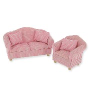 Canapé et fauteuil tissus vichy rose avec 3 coussins Set 2 pcs