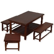 Set 4 pièces, Table, tabouret et 2 banc merisier 1/12