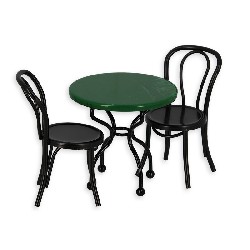 Table bistrot marbre vert avec 2 chaises noires