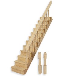 Escalier rampe à droite, non verni - 2 poteaux décollés - pour maisons de poupées 1/12
