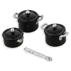 Set 3 casseroles noires miniature - une avec manche cassé - 1/12
